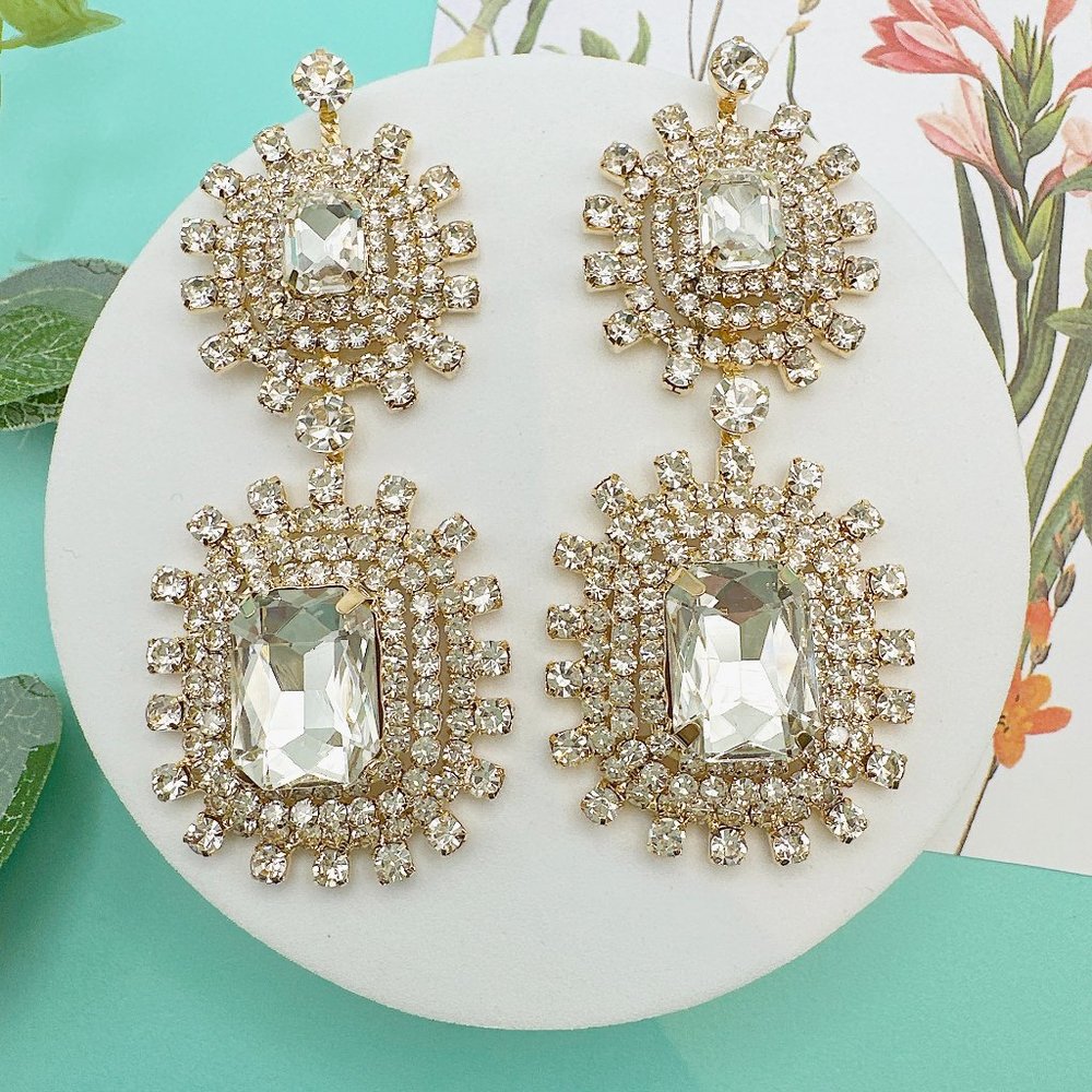 Gold Tone Deco Glam Bridal Chandelier Earrings
